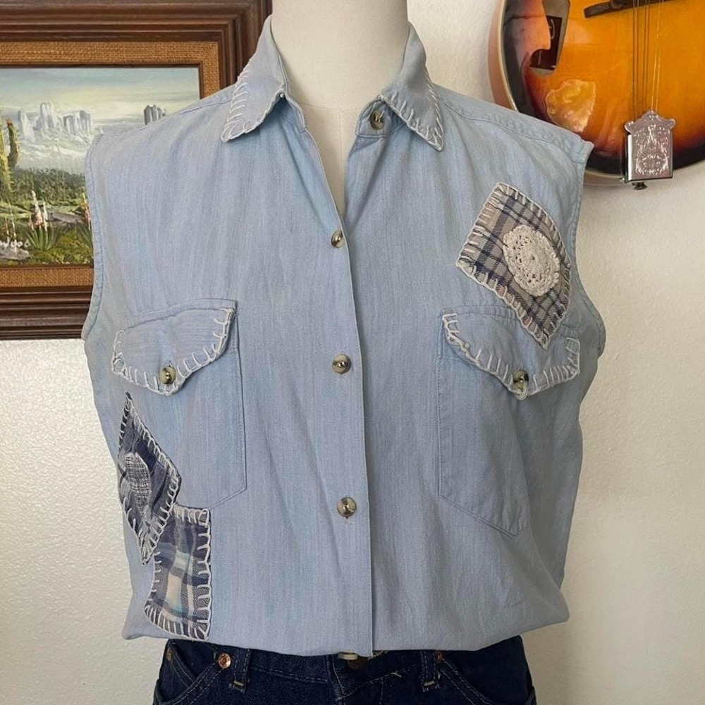 Vintage 80s Sasson denim sleeveless button up with patchwork vintage vest